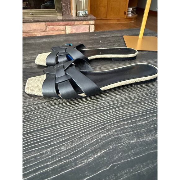 Yves Saint Laurent Beige Jute and Black Tribute Flat Slide Sandals Sz. 10.5 - Picture 7 of 8